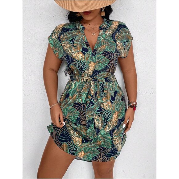 Women's Plus Size Tropical Print Dress Boho Cap Sleeve Notch Neck - Picture 6 of 6
